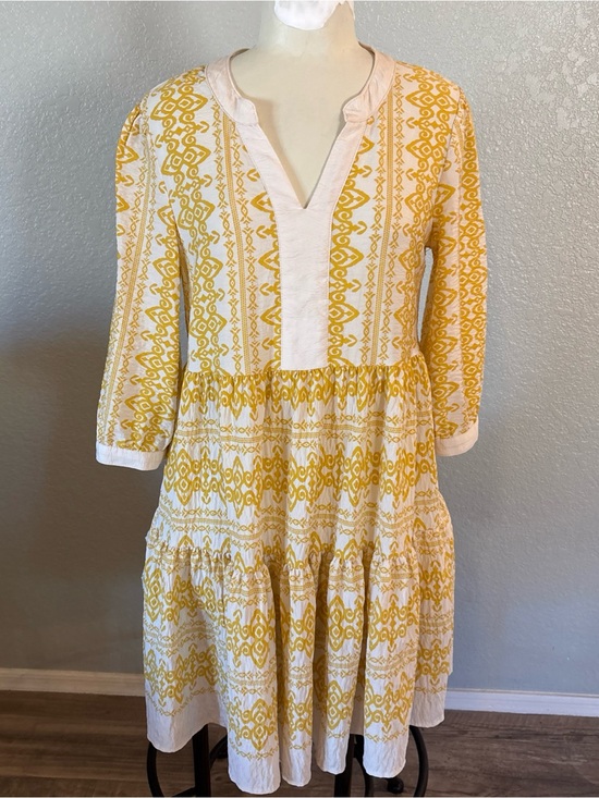 Figueroa & Flower Dresses & Skirts - Yellow Patterned Tiered Midi Dress with V-Notch Neck